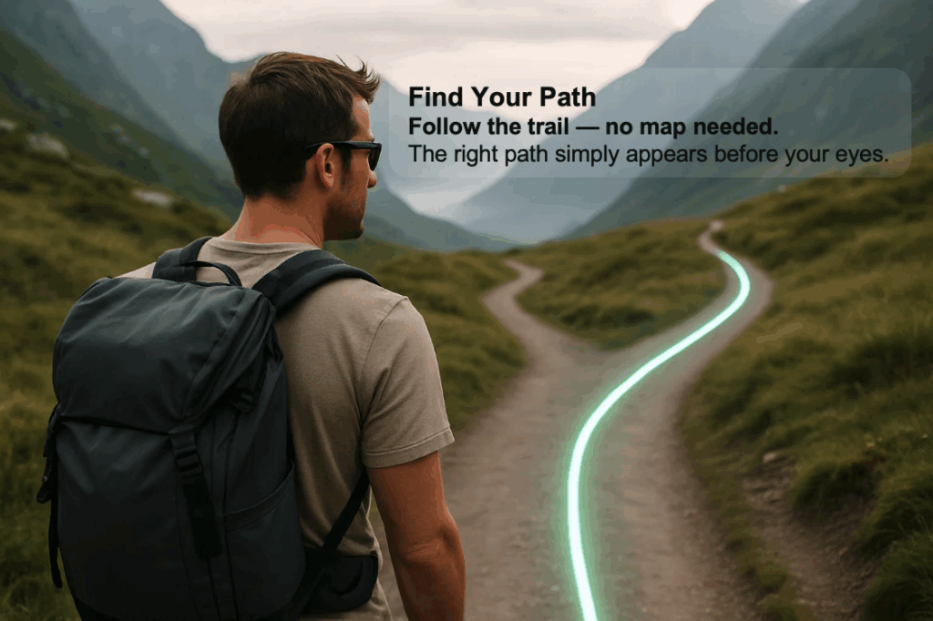 Hiker wearing EXPAVIS AR smart glasses following a navigation line on a mountain trail that splits into two paths.